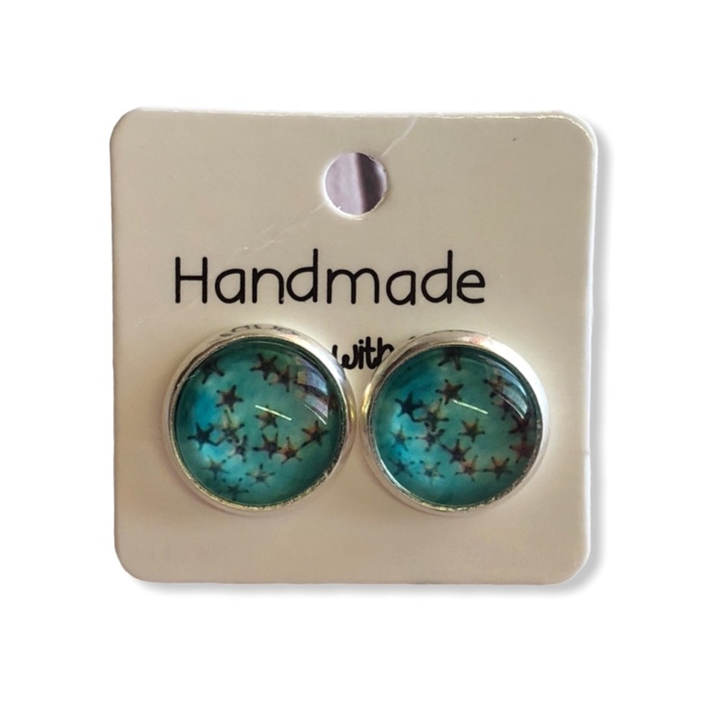 Blue Stars Boho Cabochon Silver Stud Earrings!